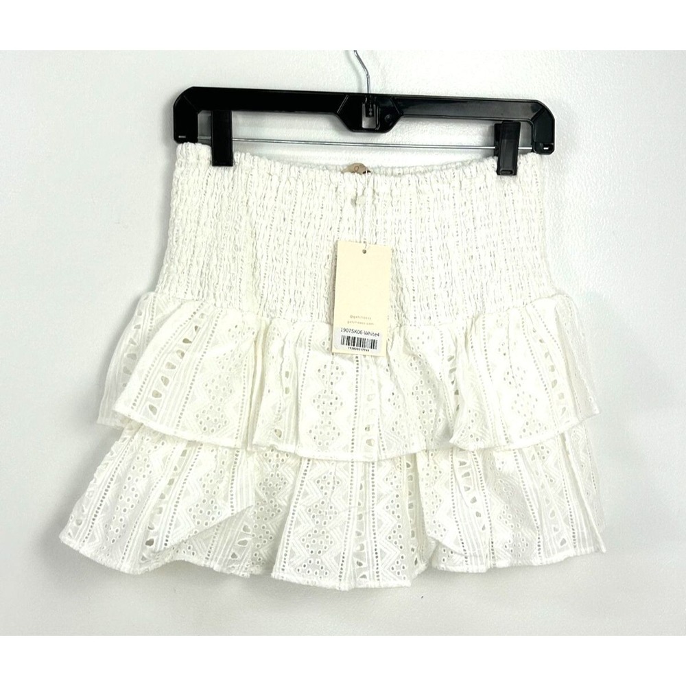 New Choosy Women 2 XSmall White Eyelet Fully Lined Mini Skirt Smocking Ruffle T